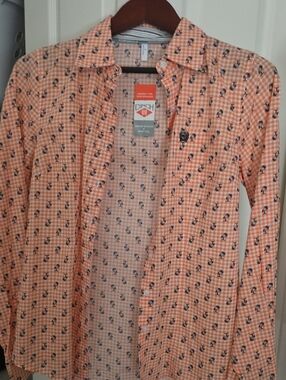 Cinch Peach-Orange Gingham Button-Up Shirt with Navy Motif